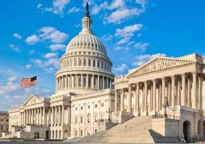 The US Senate Chamber with the Capitol Building in the background.